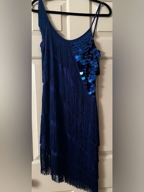 Navy Fringe Dress with Blue Sequins
